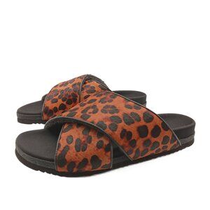 ROAM Leopard Print Cross-Strap Slide Sandals in Brown and Black